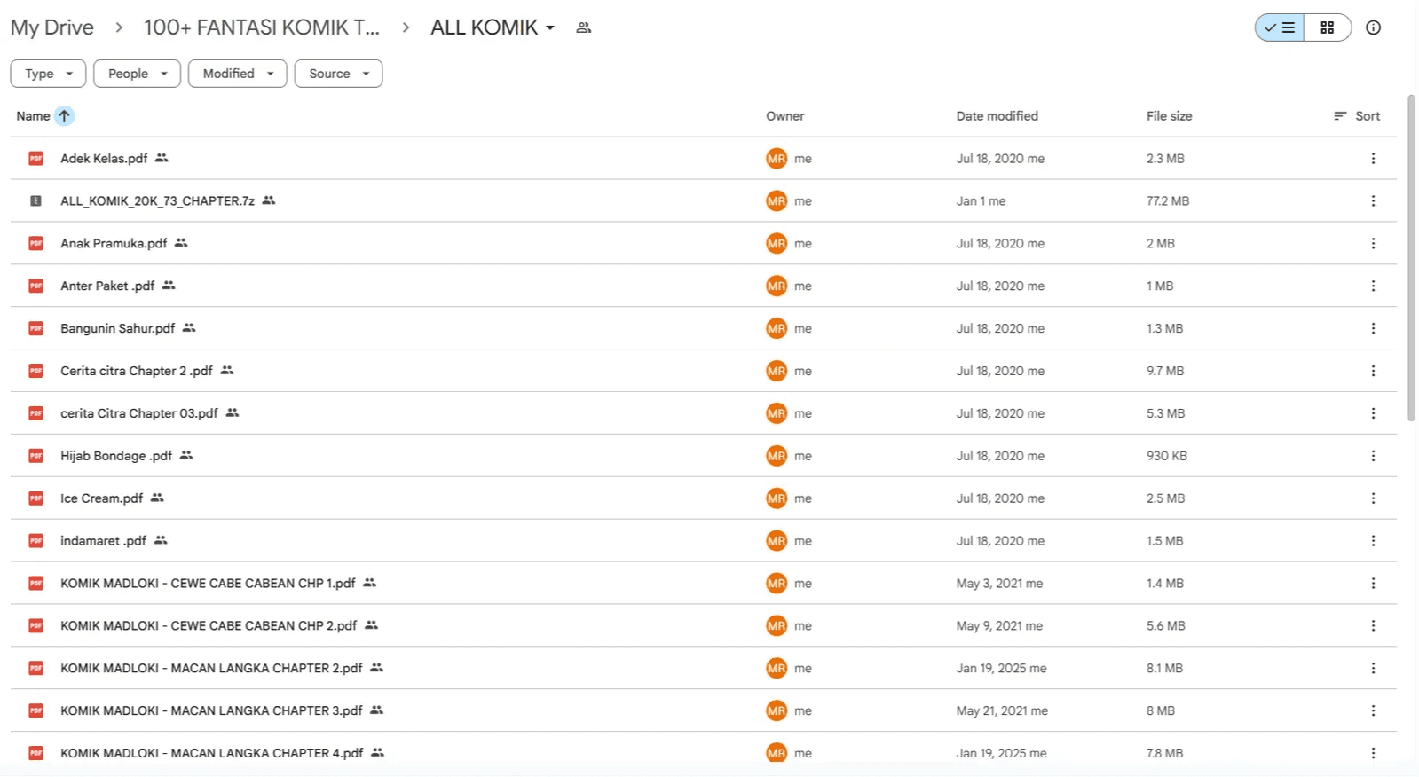 Screenshot daftar file koleksi komik di Google Drive